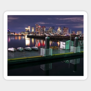 The Boston Skyline lit up for Christmas Boats Sticker